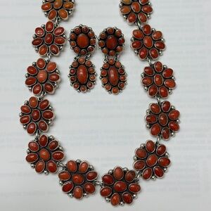 FEDERICO JIMENEZ Silver Cluster Mediterranean Coral Earrings AND Necklace